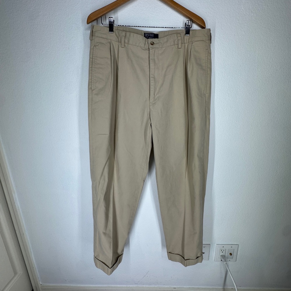 Vintage Polo Ralph Lauren Hammond Pant Tan Khaki Pleated Cuffed Chinos 38x30
